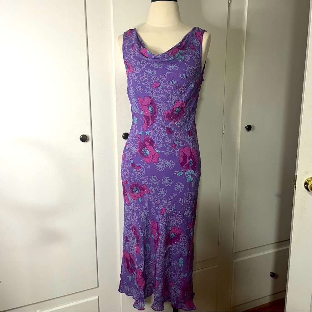 Vintage 90s-Early 2000s Eva Blue Beaded Purple Floral Cowl Neck Midi Maxi Dress